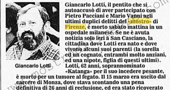 <b>1 Aprile 2002 Stampa: Corriere della Sera – Mostro di Firenze, morto Giancarlo Lotti</b>