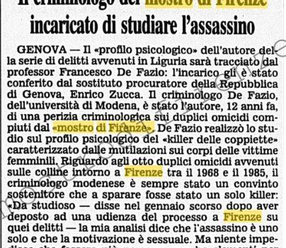 <b>23 Aprile 1998 Stampa: Corriere della Sera – Il criminologo del mostro di Firenze incaricato di studiare l’assassino</b>