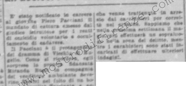 <b>20 Aprile 1951 Stampa: La Nazione – Notificato il mandato di cattura all’uccisore del venditore ambulante</b>