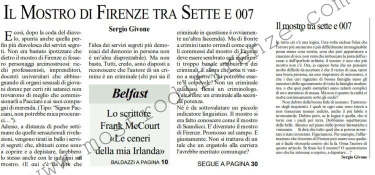 <b>7 Settembre 2001 Stampa: L’Unità – Il mostro di Firenze tra sette e 007</b>