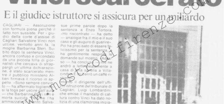 <b>20 Aprile 1988 Stampa: La Nazione – Vinci scarcerato – Barbarina si è uccisa – Assicurato il giudice</b>