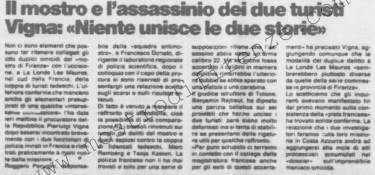 <b>8 Ottobre 1991 Stampa: La Nazione – Il mostro e l’assassino dei due turisti Vigna: “niente unisce le due storie”</b>