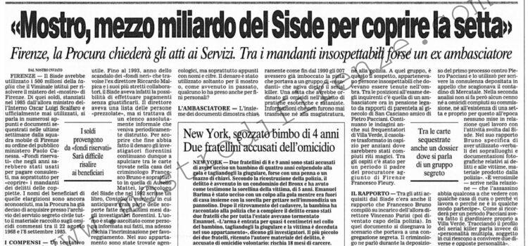 <b>8 Settembre 2001 Stampa: Corriere della Sera – “Mostro, mezzo miliardo del Sisde per coprire la setta”</b>