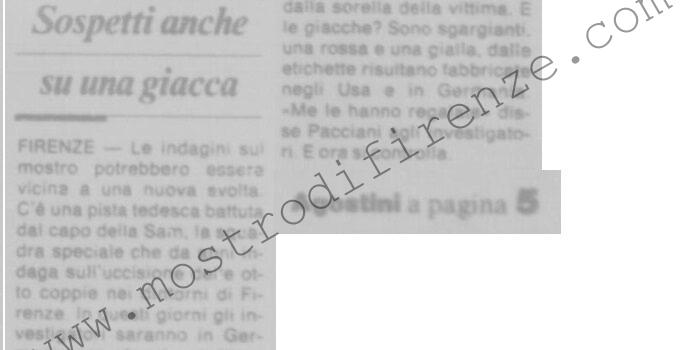 <b>20 Giugno 1992 Stampa: La Nazione – Mostro, la pista tedesca – Pacciani, uno smoking rosso – Una giacca porta al “mostro”</b>