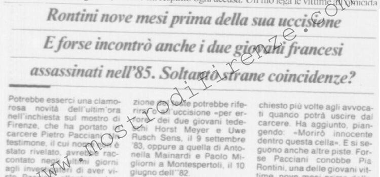 <b>19 Gennaio 1993 Stampa: La Nazione – “Morirò innocente in carcere” – “Ve l’ho detto, non sono il mostro” – Alla ricerca di Dottor Jekyll e Mister Hyde – “In quei disegni c’è creatività e originalità” – La teoria delle strane coincidenze – Superteste accusa Pacciani – “Ho visto Pacciani dopo il delitto” – E l’accusatore resta in ombra – Il mostro coi piedi di un agente</b>