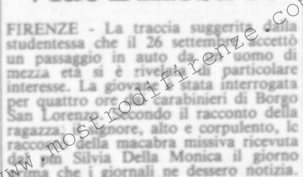 <b>19 Ottobre 1985 Stampa: La Città – Interrogata 4 ore Vide il mostro? – Seppe della lettera feticcio prima dei giornali: interrogata per 4 ore</b>