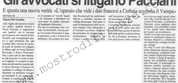 <b>13 Gennaio 1996 Stampa: La Nazione – Gli avvocati si litigano Pacciani – Ora Pacciani si affida a “Perry Mason”</b>