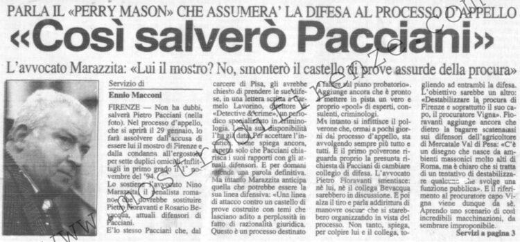 <b>14 Gennaio 1996 Stampa: La Nazione – “Così salverò Pacciani” – Pacciani? Una scusa. Il bersaglio è la procura – “Distruggerò quell’assurdo castello di prove” – Il giustiziere ucciderà ancora</b>