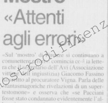 <b>6 Luglio 1996 Stampa: La Nazione – Mostro “Attenti agli errori” – Mostro di Firenze: “Troppi errori”</b>