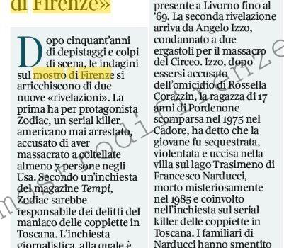 <b>30 Maggio 2018 Stampa: Corriere della Sera – Soldato Usa: “Ero io Zodiac e il mostro di Firenze”</b>